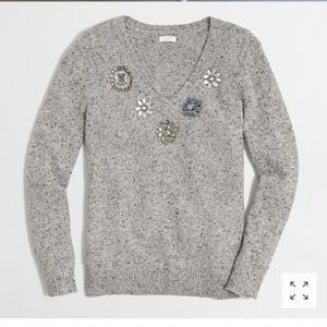 J Crew Grey Vneck Embellished Sweater